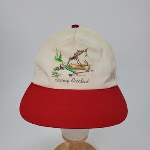 Vintage Yupoong Casting Accident Fishing Snapback Hat Red Cream Funny Graphic